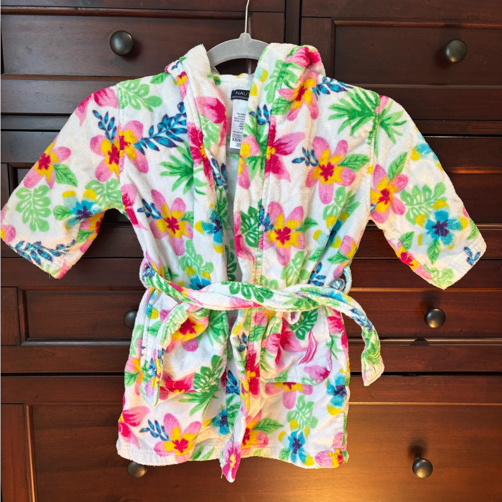 Nautica Girls' Floral Hooded Bath Robe - White With Multicolor Flowers